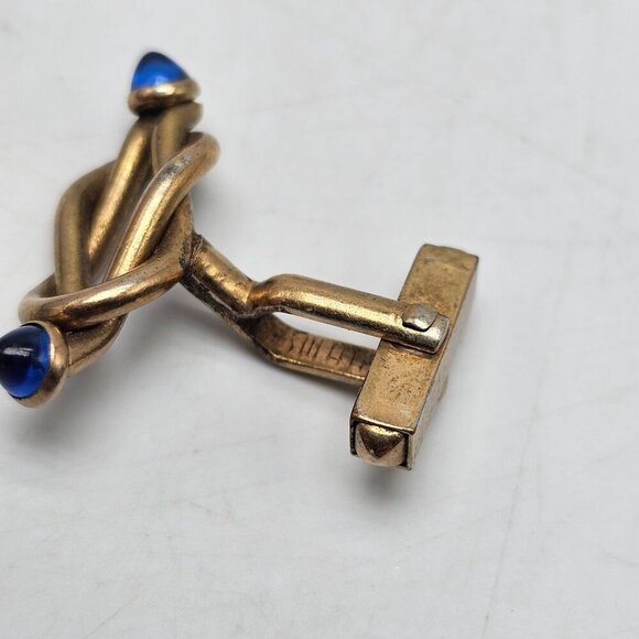 Vintage Swank Gold Tone Cufflinks With Blue Glass Cabochons - Picture 3 of 5